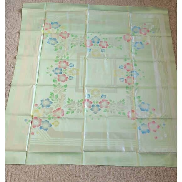 Vtg Table Cloth Napkins Set Green Floral Hand Painted Combed Yarns Damask - Picture 2 of 13